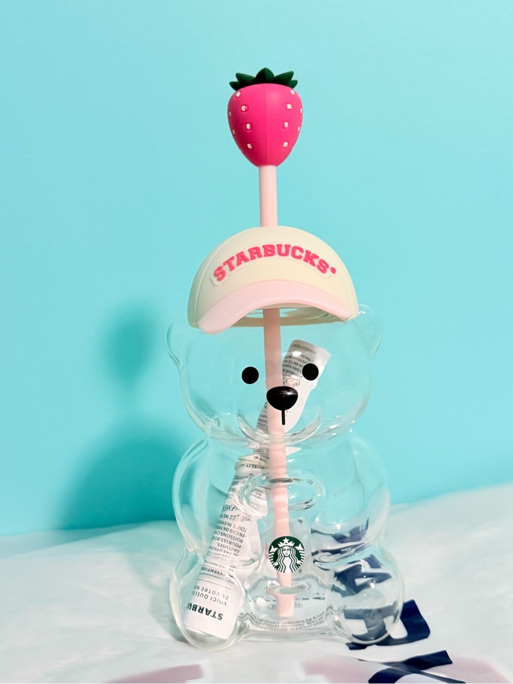 Starbucks Pink Bearista Bottle with Pink Strawberry Straw and Pale Pink Cap